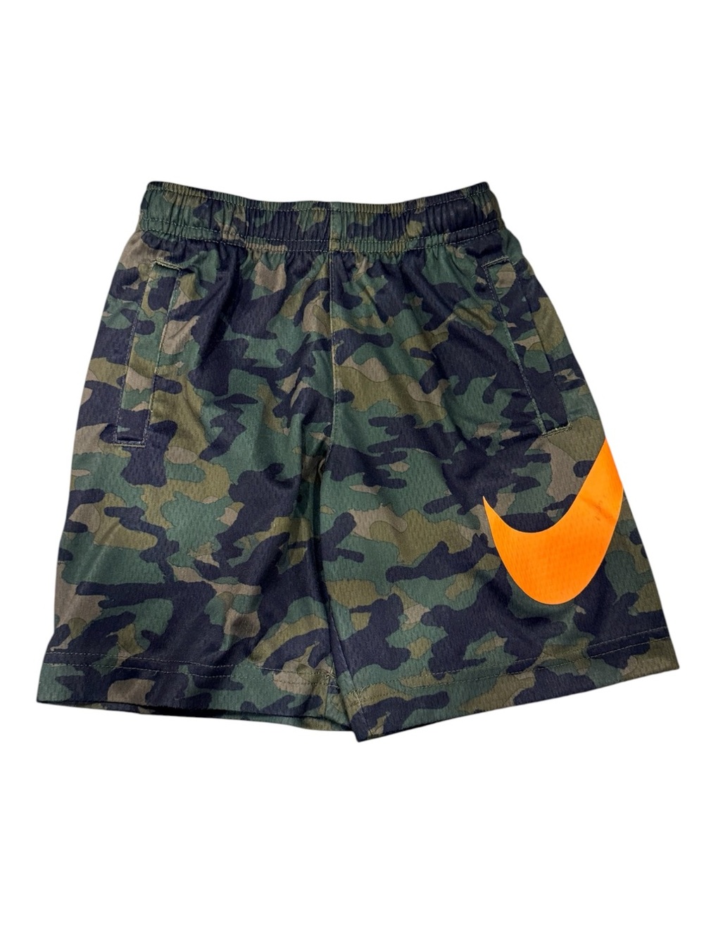 Nike Dri-Fit Boys Size 5 Camo Athletic Shorts Orange Swoosh Logo Kids Youth